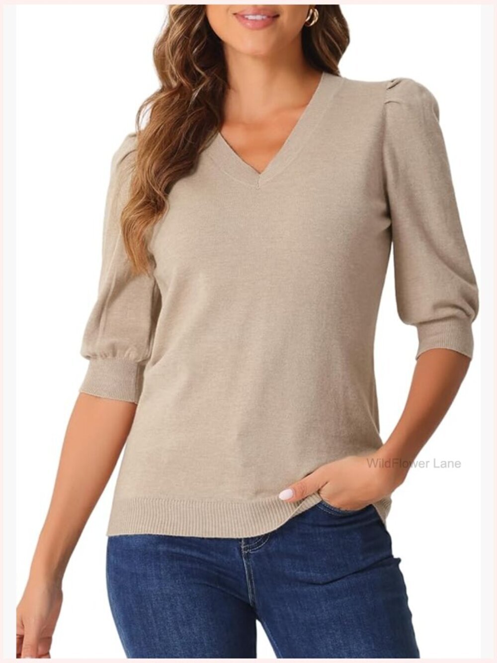 Puff Short Sleeve V Neck Knit Sweater Blouse Business Casual Summer Top